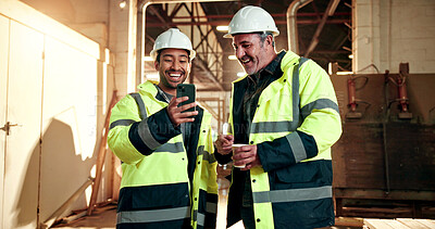 Buy stock photo Woodworking, team and men with phone in workshop, laughing or happy with project approval on website. Carpenter, collaboration and people with mobile, notification and reading good news in factory