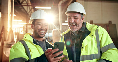 Buy stock photo Carpentry, laugh and men in workshop with phone, online meme and internet joke on social media. Construction, flare and happy people on cellphone for humor, funny message or website in timber factory