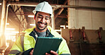Carpenter, smile and man with tablet in factory, review or research for furniture design on website. Manufacturing, workshop and happy person with tech, reading and planning for woodworking project