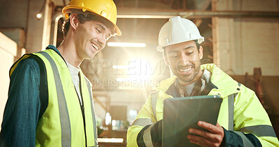 Buy stock photo Carpenter, team and men with tablet in workshop, furniture production or smile with research on web. Carpentry, flare and happy people with technology, manufacturing and collaboration for project