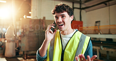 Buy stock photo Carpenter, excited and man in workshop for phone call, production schedule and good news. Construction, contractor and person on cellphone for chat, project update and talking for renovation success