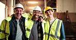 Happy, men and portrait of carpenters in workshop with confidence for furniture manufacturing. Smile, collaboration and woodworkers with pride for about us, teamwork or timber project in factory.