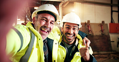 Buy stock photo Happy, selfie and portrait of carpenter in workshop with confidence for furniture manufacturing. Men, collaboration and woodworker with photography picture for about us, teamwork or timber project.