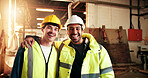 Happy, hug and portrait of carpenters in workshop with confidence for furniture manufacturing. Men, collaboration and woodworkers with pride for about us, teamwork or timber project in factory.