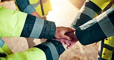 Buy stock photo Hands stack, meeting and engineer with people in warehouse for solidarity, architecture and team. Construction, mission and success with employees in factory for property development and achievement