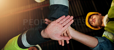 Buy stock photo Hands stack, team and engineer with people in warehouse for solidarity, architecture and meeting. Construction, mission and low angle of employees in factory for property development and achievement