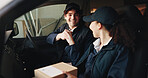 Logistics, man and team with fist bump in delivery van for shipping, order fulfillment or support. Box, happy people or celebration in transport for courier success, package dispatch or job well done