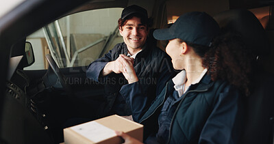 Buy stock photo Logistics, man and team with fist bump in delivery van for shipping, order fulfillment or support. Box, happy people or celebration in transport for courier success, package dispatch or job well done