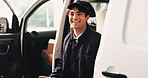 Delivery, smile and portrait of man in van for courier route, shipping service and transport. Logistics, cargo distribution and package shipment with employee in vehicle for export and driver