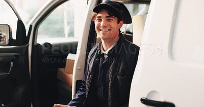 Buy stock photo Delivery, smile and portrait of man in van for courier route, shipping service and transport. Logistics, cargo distribution and package shipment with employee in vehicle for export and driver