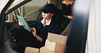 Tablet, boxes and delivery woman in van for ecommerce, dispatch or online logistics information. Supply chain, cardboard package or employee with parcel for courier, distribution or cargo shipping