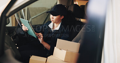 Buy stock photo Tablet, boxes and delivery woman in van for ecommerce, dispatch or online logistics information. Supply chain, cardboard package or employee with parcel for courier, distribution or cargo shipping
