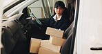 Tablet, boxes and woman in delivery van for ecommerce, dispatch or online logistics information. Supply chain, package or employee with tech for parcel and courier, distribution or cargo shipping