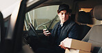 Phone, boxes and man in delivery van for ecommerce, dispatch or online logistics information. Supply chain, package or employee with tech for parcel and courier, distribution or cargo shipping