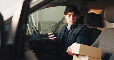 Buy stock photo Phone, boxes and man in delivery van for ecommerce, dispatch or online logistics information. Supply chain, package or employee with tech for parcel and courier, distribution or cargo shipping