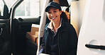 Delivery, smile and portrait of woman in van for courier route, shipping service and transport. Logistics, cargo distribution and package shipment with employee in vehicle for export and driver