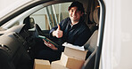 Tablet, thumbs up and portrait of man in delivery van for courier route app, shipping success and transport. Logistics, cargo distribution and online checklist with employee for target and driver