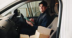 Delivery, tablet and portrait of man in van for courier route app, shipping service and transport. Logistics, cargo distribution and online checklist with employee in vehicle for export and driver
