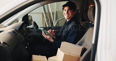 Buy stock photo Delivery, tablet and portrait of man in van for courier route app, shipping service and transport. Logistics, cargo distribution and online checklist with employee in vehicle for export and driver