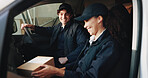 Delivery, box and team with people in van for courier route, shipping service and transport. Logistics, cargo distribution and package shipment with employees in vehicle for export and driver