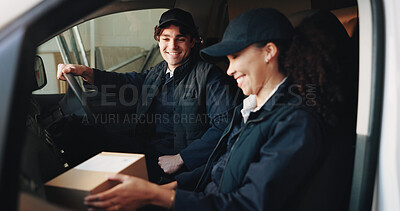 Buy stock photo Delivery, box and team with people in van for courier route, shipping service and transport. Logistics, cargo distribution and package shipment with employees in vehicle for export and driver