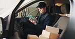 Tablet, boxes and man in delivery van for ecommerce, dispatch or online logistics information. Supply chain, package or employee with tech for parcel and courier, distribution or cargo shipping