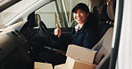 Delivery, thumbs up and portrait of woman in van for courier route, shipping success and transport. Logistics, cargo distribution and shipment target with employee in vehicle for export and driver