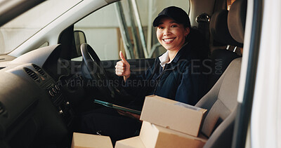 Buy stock photo Delivery, thumbs up and portrait of woman in van for courier route, shipping success and transport. Logistics, cargo distribution and shipment target with employee in vehicle for export and driver