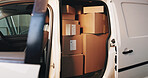 Distribution, delivery van and cardboard boxes for transport with inventory, export or cargo freight. Logistics, parcel and packages in vehicle for supply chain, stock or quality control with order