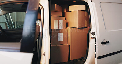 Buy stock photo Distribution, delivery van and cardboard boxes for transport with inventory, export or cargo freight. Logistics, parcel and packages in vehicle for supply chain, stock or quality control with order