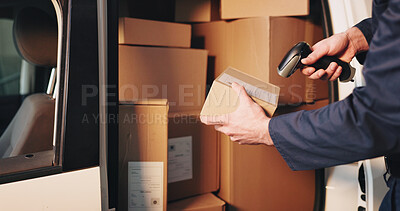 Buy stock photo Scanner, boxes and hands of person with delivery van for pricing, barcode or logistics information. Supply chain, cardboard package or employee with parcel for courier, distribution or cargo shipping