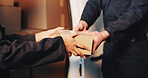 Hands, boxes and deliveryman with client by van for supply chain, distribution service or cargo. Cardboard parcel, shipping and logistics worker with customer for order or dispatch by transport