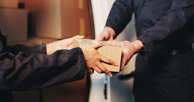 Buy stock photo Hands, boxes and deliveryman with client by van for supply chain, distribution service or cargo. Cardboard parcel, shipping and logistics worker with customer for order or dispatch by transport