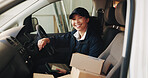 Portrait, boxes and woman in delivery van for ecommerce, dispatch or online logistics information. Supply chain, package or employee with tech for parcel and courier, distribution or cargo shipping