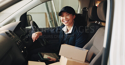 Buy stock photo Portrait, boxes and woman in delivery van for ecommerce, dispatch or online logistics information. Supply chain, package or employee with tech for parcel and courier, distribution or cargo shipping