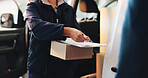 Hands, courier and customer with document for signature, compliance and proof of shipment. Delivery man service, worker and person with safety approval for package, distribution or clipboard for box
