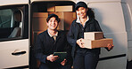 Delivery, portrait and team with people in van for courier route, shipping service and transport. Logistics, cargo distribution and package shipment with employees in vehicle for export and driver