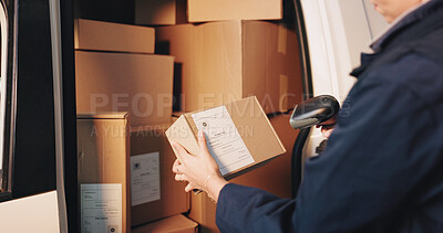 Buy stock photo Scanner, boxes and hands of delivery person with van for pricing, barcode or logistics information. Supply chain, cardboard package or employee with parcel for courier, distribution or cargo shipping