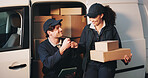 Smile, people and fist bump at van for delivery service, order fulfillment or package dispatch. Tablet, boxes and happy team with celebration for courier success, job well done and logistics support