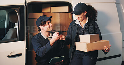 Buy stock photo Smile, people and fist bump at van for delivery service, order fulfillment or package dispatch. Tablet, boxes and happy team with celebration for courier success, job well done and logistics support