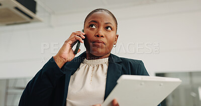 Buy stock photo Phone call, clipboard and architect with black woman on site for building inspection, renovation and contact. Construction, engineer and real estate update with employee for property surveyor app