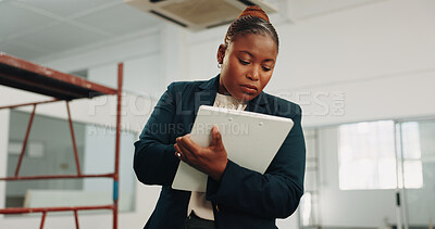 Buy stock photo Writing, inspection and woman with clipboard for evaluation, report and safety compliance for building. Contractor, architecture and African person with review for remodeling, renovation and property