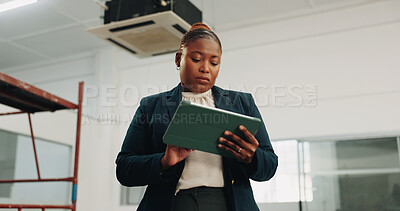 Buy stock photo Building, inspection and woman on tablet for evaluation, online report and safety compliance. Contractor, typing and African person on tech for remodeling, renovation and property for digital review