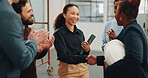 Shaking hands, clapping and business people in office with contractor for renovation deal or agreement. Applause, happy and employee with construction foreman for handshake on workplace remodeling.