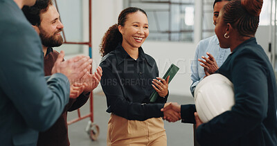 Buy stock photo Shaking hands, clapping and business people in office with contractor for renovation deal or agreement. Applause, happy and employee with construction foreman for handshake on workplace remodeling.