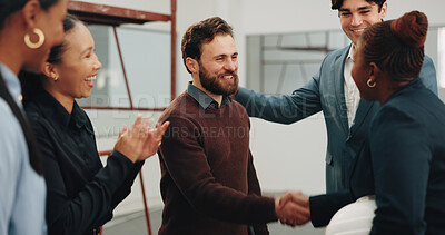 Buy stock photo Handshake, meeting and business people in office with contractor for renovation deal or agreement. Applause, discussion and employee shaking hands with construction foreman for workplace remodeling.