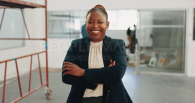 Buy stock photo Crossed arms, opportunity and portrait of businesswoman in office with confidence for remodeling project. Smile, about us and civil contractor with pride for startup company with workplace renovation