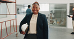 Portrait, architect and happy woman with helmet in building for construction service or development. Female person, contractor or civil engineer with smile, pride or confidence for architecture 