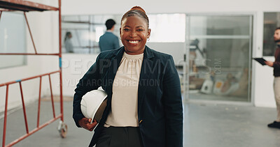 Buy stock photo Portrait, architect and happy woman with helmet in building for construction service or development. Female person, contractor or civil engineer with smile, pride or confidence for architecture 