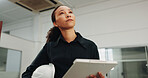 Woman, architect or thinking with checklist in building for security, maintenance or safety. Female person, contractor or civil engineer checking property structure with clipboard for site inspection